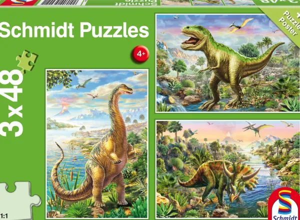 Schmidt Spiele 3 Puzzles - Dinosaures*Enfant Dinosaures|Dès 5 Ans : 31 À 49 Pièces