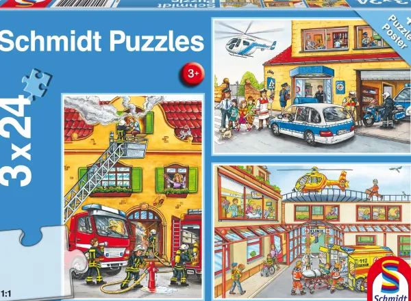 Schmidt Spiele 3 Puzzles - Pompiers et Secours*Enfant Pompiers, Police, Secours|Dès 4 Ans : 21 À 30 Pièces