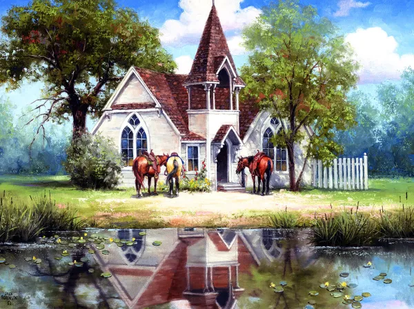 SunsOut Reflet d'une Eglise en Campagne* Chevaux|Églises, Cathédrales Et Mosquées